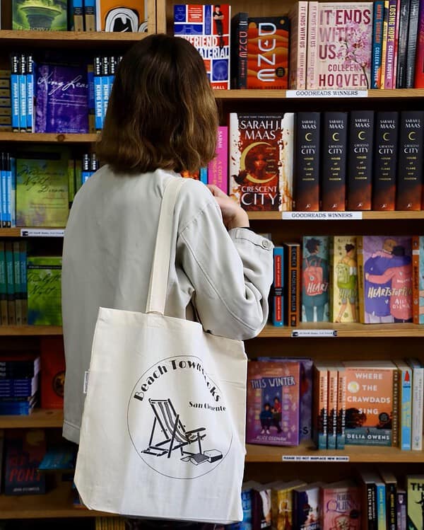 Photo at a distance of Beachtown Books canvas tote bag